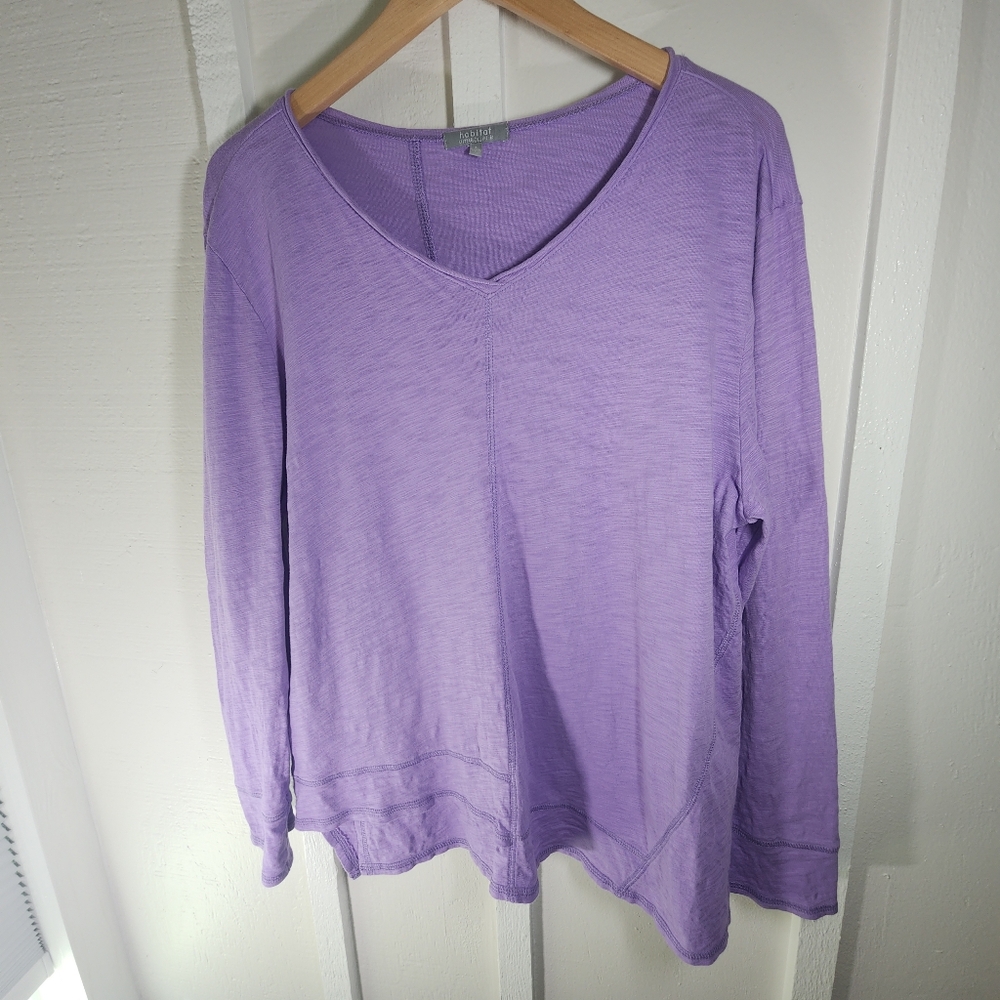 Habitat Peruvian Cotton Pebble Stepped Hem V Neck Longsleeve Purple Size Large